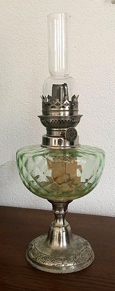 Ooit Jane Austen Moedig aan Antieke olielamp met uniek turquoise glas, eind 19e eeuw - Catawiki