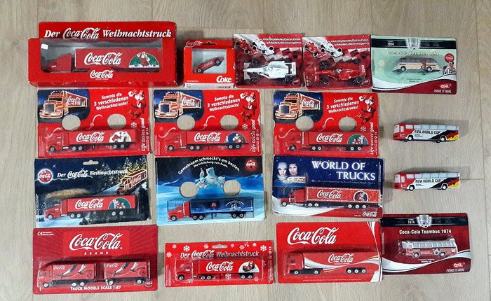 Coca-Cola lot with 17 rare advertising trucks, Christmas trucks, buses, passenger cars, race cars