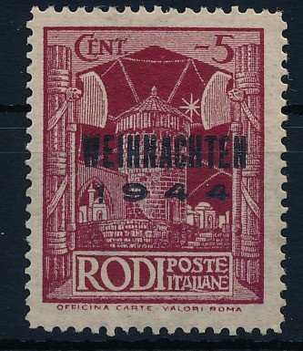 Field post - 1944 - "Island of Rhodes" "Christmas 1944" overprint on Rodi 5 cent lilac red, Michel 12 III