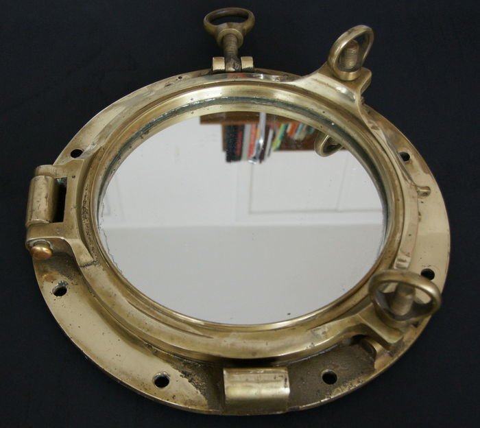 Large porthole with old mirror - copper and brass - 1st half of the 20th century - 17.5 kg