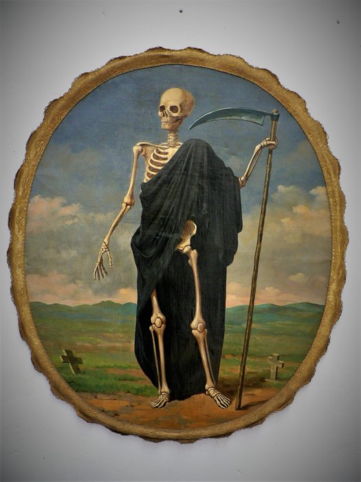 Painting "The Death, man with the scythe", oil on canvas - Flanders (Belgium) - 18th - 19th century