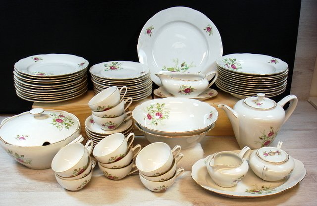 57-piece antique porcelain tableware set, `Rosa Roses`, MZ Czechoslovakia