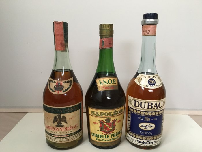 V.S.O.P. Napolèon Brandy Chatelle Frères,  + Napolèon Vendès Eau de Vie Charente  + Brandy Dubac Reserve - Landy Freres - ( 3 bottles 75 cl) 