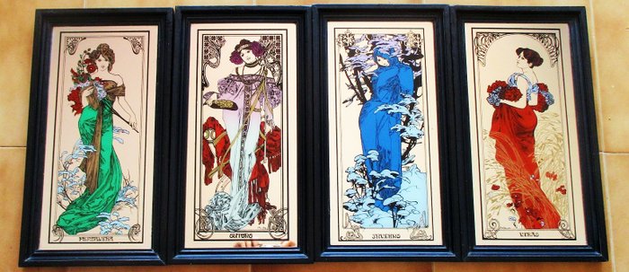 The four Seasons, Alphonse Mucha - Four wooden framed mirrors