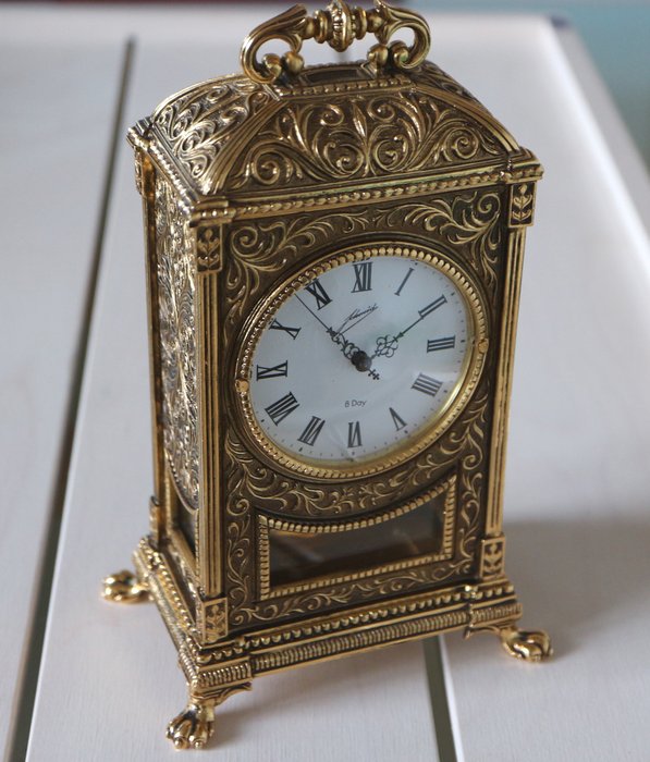 Pendulum table clock, cast iron, gold plated, Schmid Schlenker Schwenningen - around 1975