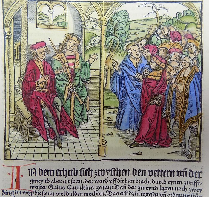 Livius (Livy) - Rubricated incunabula woodcut leaf - Gaius Canuleius and the tribune on the plebs - 1505
