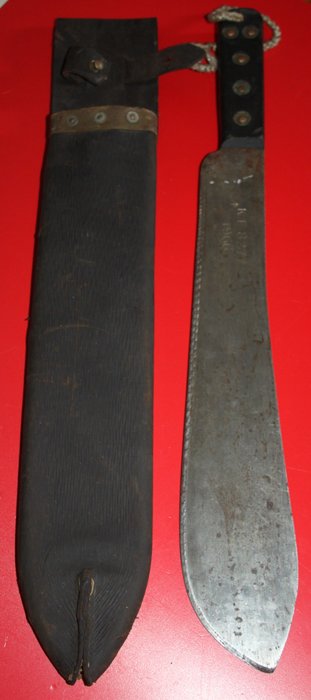 Original British machete, maker:  Martindale Birmingham with leather sheath, stamps, and broad arrow
