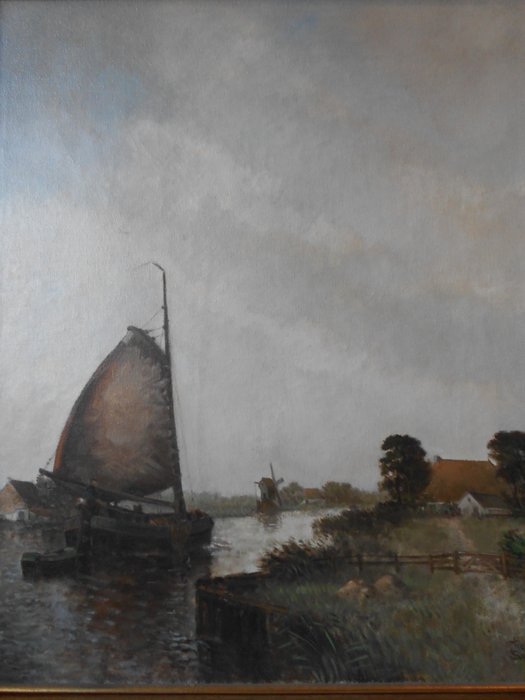 Pieter (Piet) Schoen ( 1909 - 1985) - Waterlandschap met schip, boerderij en molen