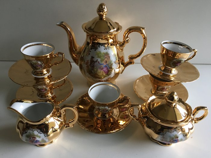Bavaria Kronester - 15 piece mocca tea set 24 carat gold - Porcelain
