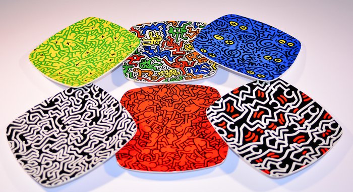 Keith Haring - Collection of Six Saucers, cm 20 x 20 Produced on the Original Design of Keith Haring, by Tognana, Italy. New, Never Used