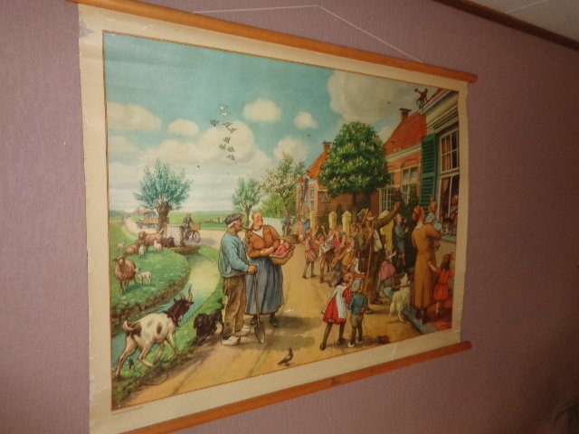 Originele oude Schoolplaat (vertelselplaat) Aap Noot Mies  getekend door C. Jetses.