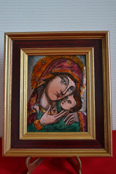 Icon of Dominique Piechaud, glazed bronze, medieval wall plate Madonna and Child, in a golden double frame