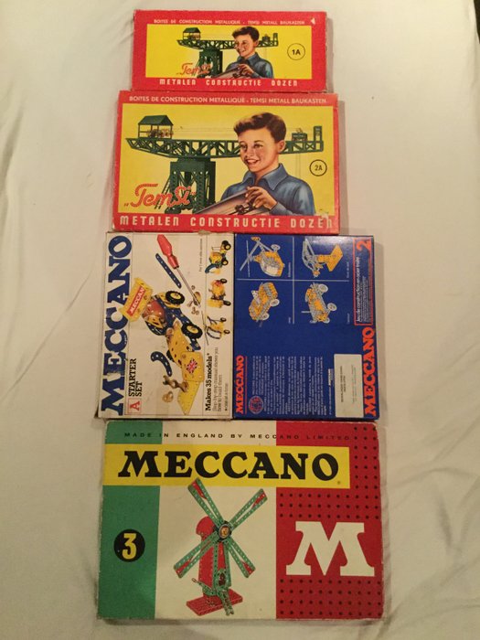 Meccano / Temsi - 3 x Construction Kit 1960s - 2 Meccano construction sets from the 1970s and 80s, including construction examples - 2 Temsi construction boxes from the 1960s