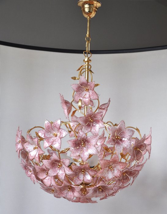 Large Vintage Polished Brass, Gold Chandelier With Pink Flowers