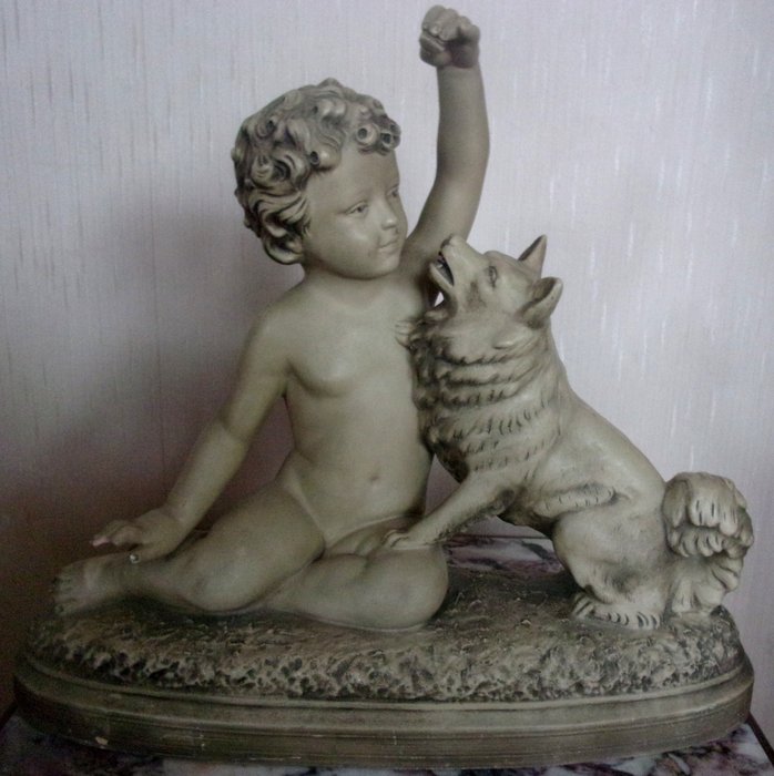 BOHUMIL REZL (1899-1963) statue en terre cuite "Chérubin et son chien"- Art déco