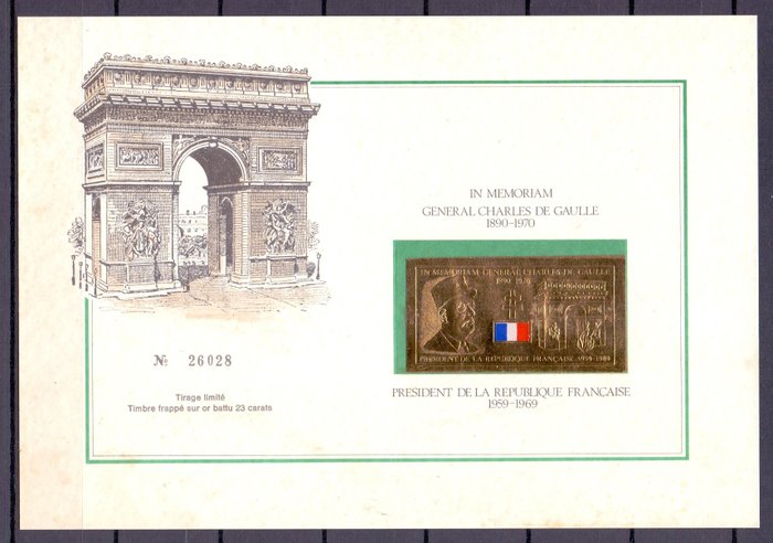 France 1970 - Souvenir card In Memoriam Général Charles De Gaulle - Stamp struck on 23 kt beaten gold