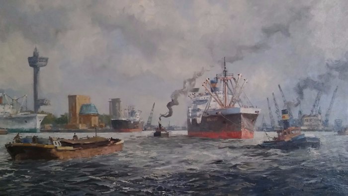 J van den Berg (20e eeuw)   - Havengezicht Rotterdam