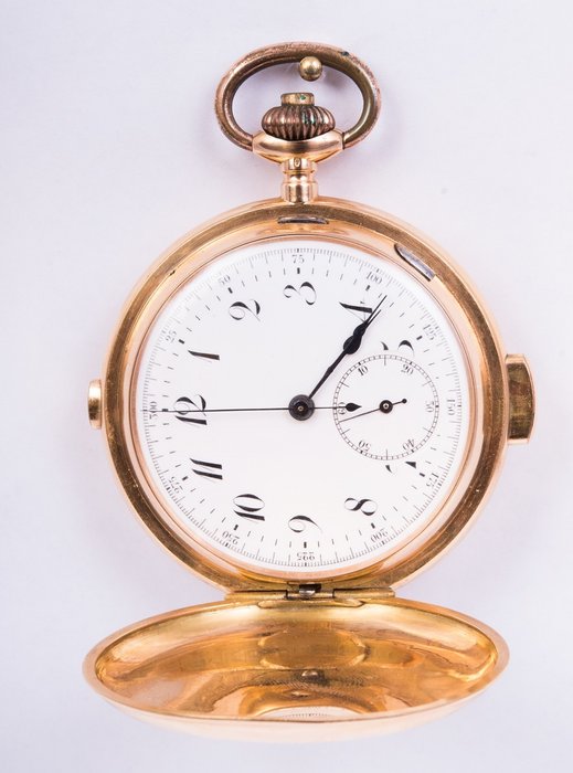 Preview of the first image of Pocket watch quarter repeater chronograph - Geneve Suisse - savonette hunter gold 18 K - Men - 1850.