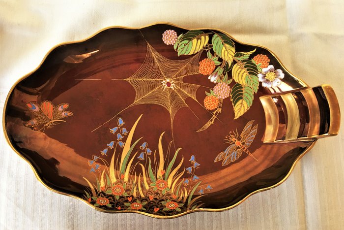 Carlton Ware - Rouge Royale, large beautiful handpainted gilded handpainted lustre dish with insects