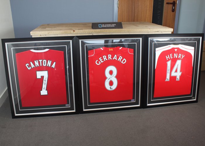 Cantona, Gerrard and Henry signed football shirts - framed and with official certificates of authenticity and photo proof