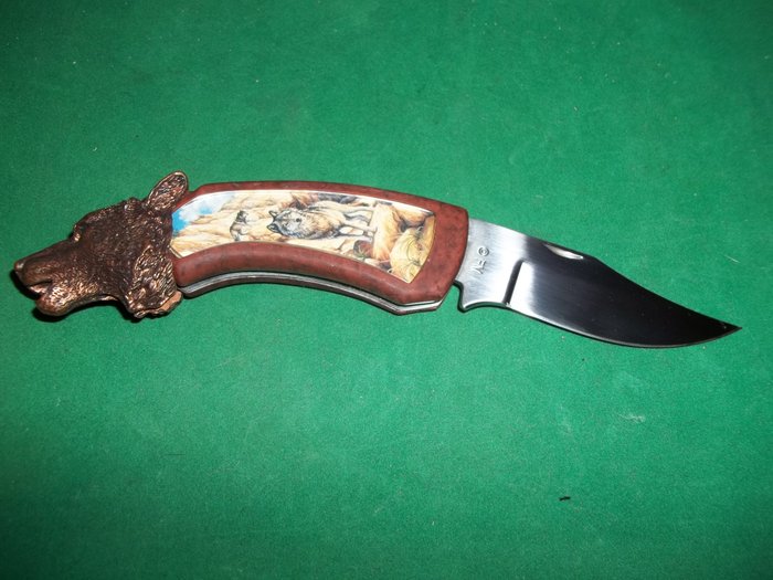 Franklin Mint Collectors Knife - Wolfsmesser mit kupfernem Wolfskopf - Inklusive Koffer - Selten - Sehr, sehr guter Zustand.