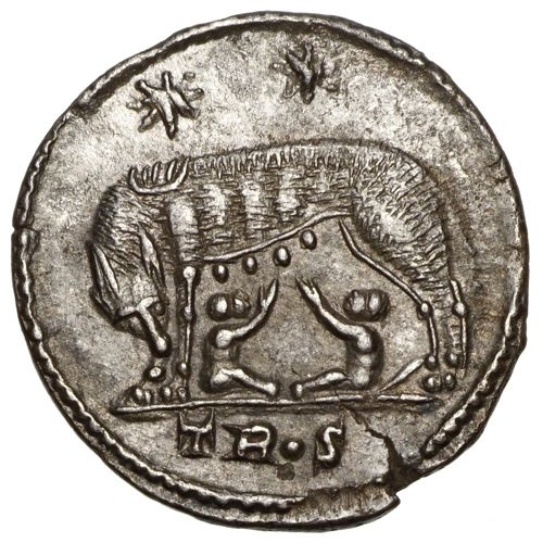 Roman Empire - URBS ROMA (307–337) AE follis, Trier, she-wolf, Romulus and Remus