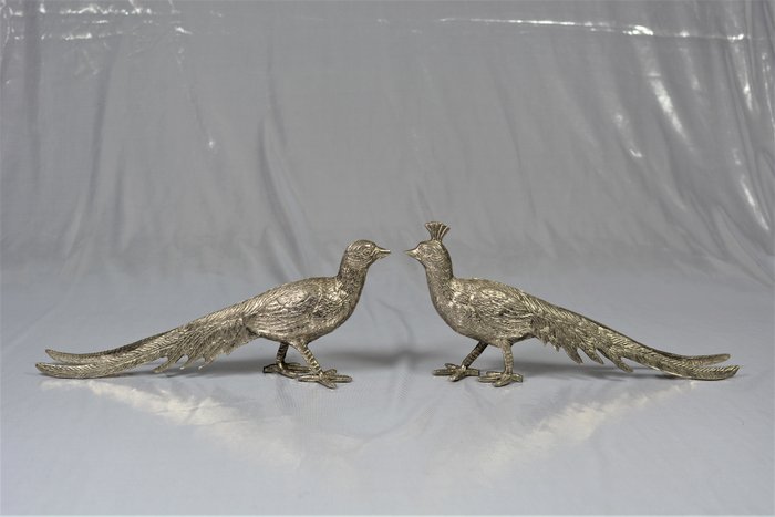 pair of peacocks, silver plated metal, France