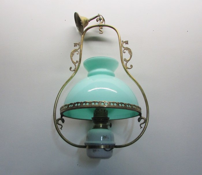 Old brass chandelier, opaline green globe, old oil lamp, France, middle twentieth