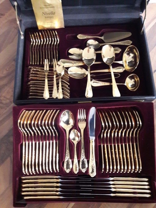 Nivella Solingen - complete 72 piece gold-plated luxury cutlery set - cutlery for 12 people - 23/24 karat - 1000 fine gold - hard gold-plated - unused - in original black box