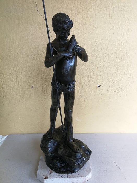 “Il pescatore”, large sized antimony sculpture with marble base - Italy - 20th century