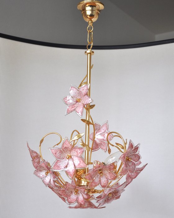 Vintage Polished Brass Chandelier With, Gold Chandelier With Pink Flowers