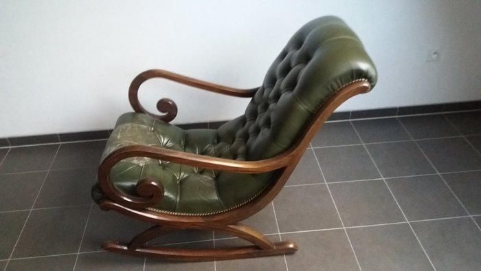 Mahogany green leather Chesterfield style rocking chair, second half of 20th century