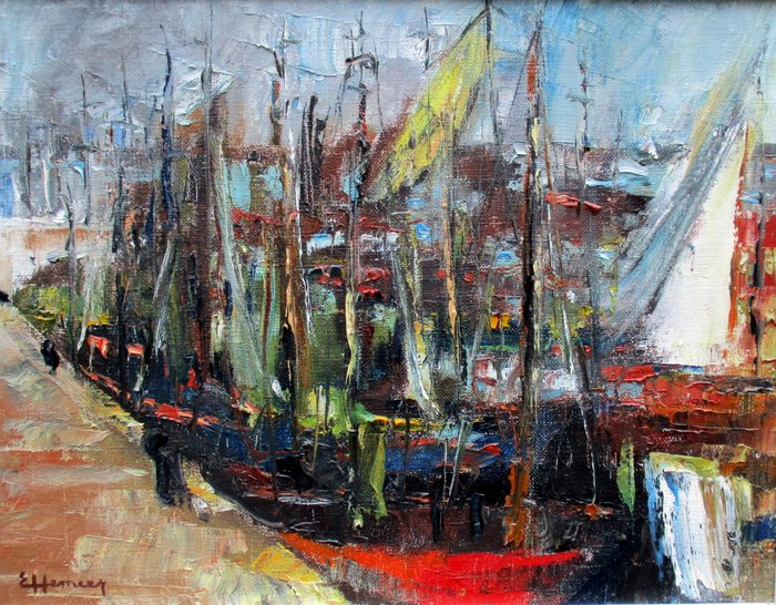 Edgar Van Rechem ( Oudenaarde 1933 ) -  Impressionistisch Havenzicht