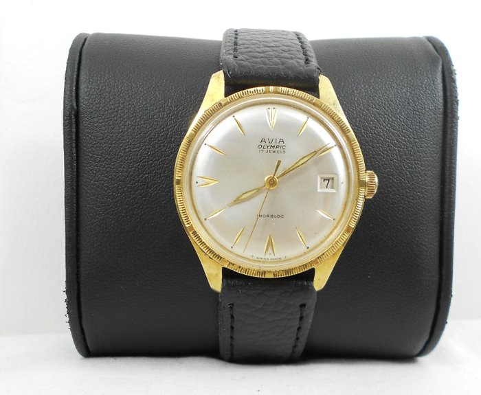 Vintage Avia Olympic Date Incabloc   Gold Plated 17  jewels Swiss Watch Cal: ETA 2408  Circa 1970