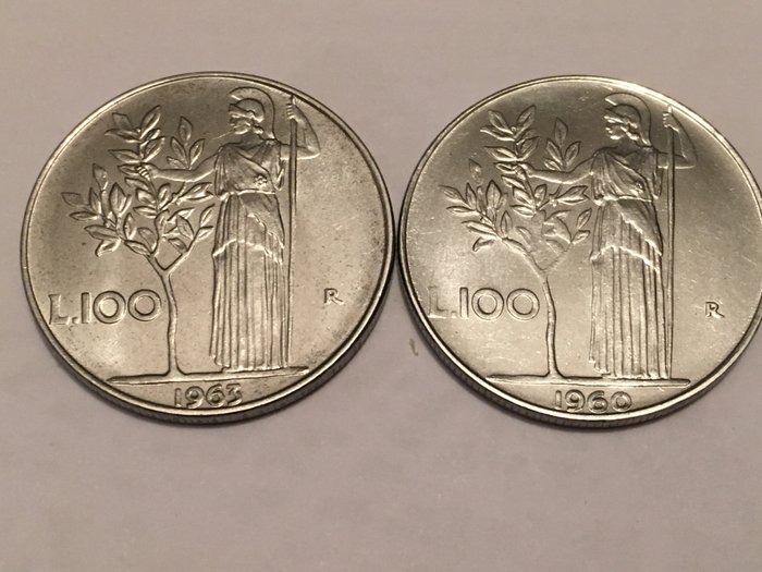 Republic of Italy - 100 Lira 1960 and 1963  "Minerva"