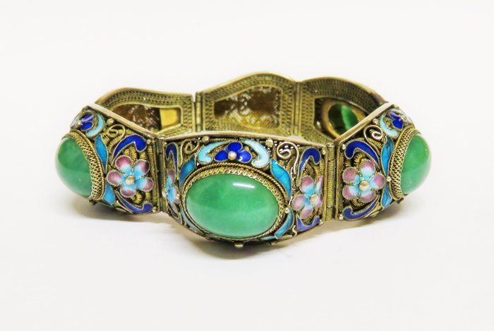 Antique silver enamel bracelet with green jade, China circa 1920