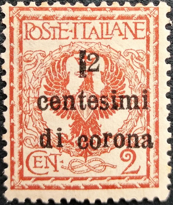 Trento e Trieste 1919 - 2 cent. di corona su 2 cent. - varietà non catalogata - Sass. N. 2