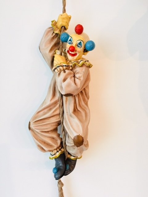 Large rare hand-painted Jun Asilo clown hanging on a rope - marked - 1996