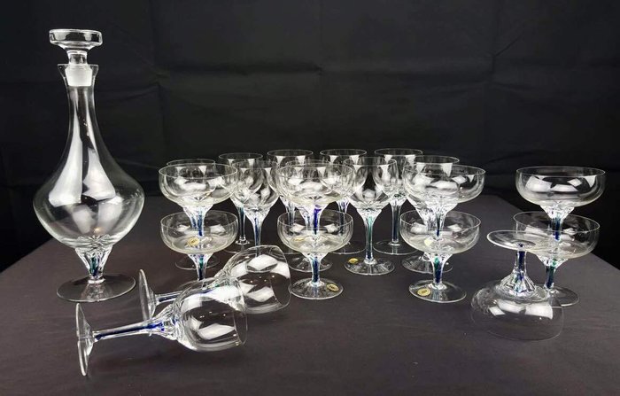 N&S Harrachov Glassworks, Bohemia - Set of 21 pieces, blown and cut crystal glasses and decanter with two-coloured droplet in the stem