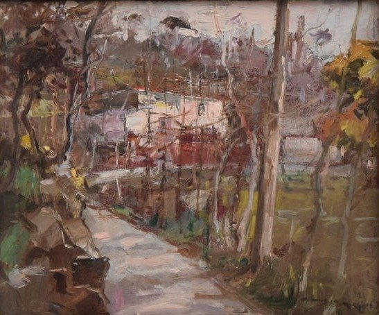 Claudio Morgigno (1949 - ) Paesaggio con vialetto tra le viti