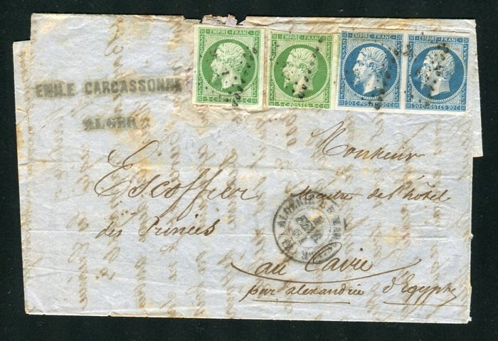 Frankreich 1861 - A rare letter from Algiers bound for Cairo with the N°12 & N°14