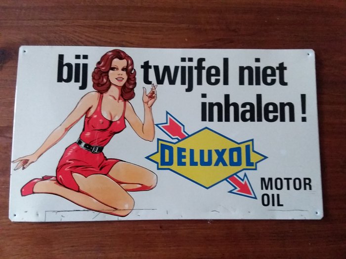 Tin engine oil advertising - “Bij twijfel niet inhalen de luxol motor oil” - 1955