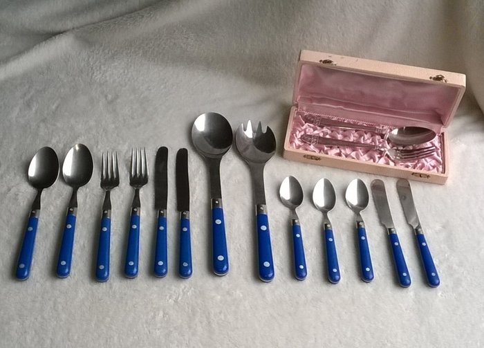 Silver cutlery and bakelite Melron stainless steel with blue bakelite handle cutlery made in France.