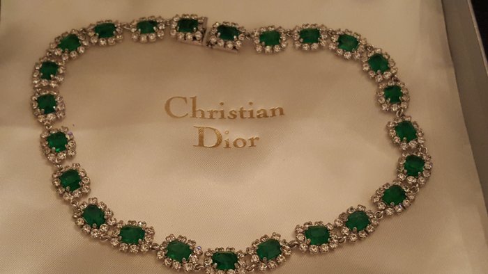 Christian Dior vintage  crystals emerald necklace with original box Germany 1960-1965