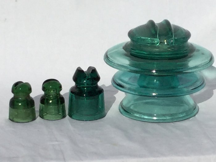 Four Vintage Green Glass High Voltage Isolators, Industrial Look, France, circa 1950