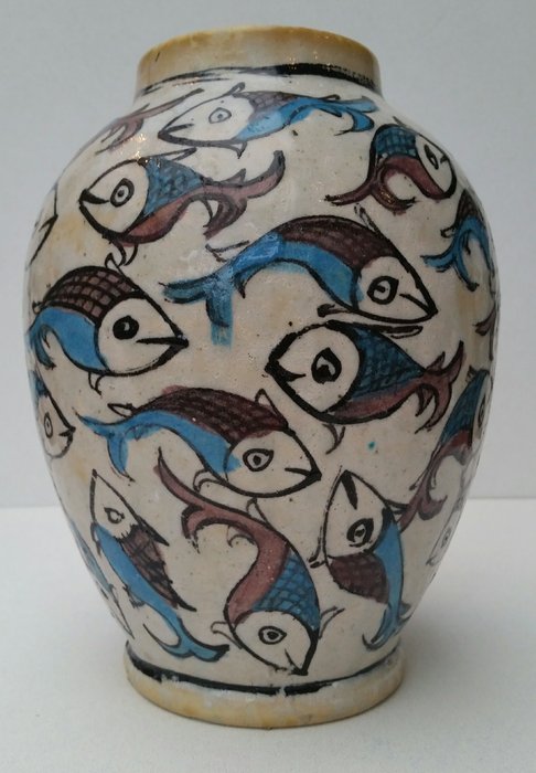 Persian vase with fish pattern and lead glaze - Iran - mid 20th century (31 cm)