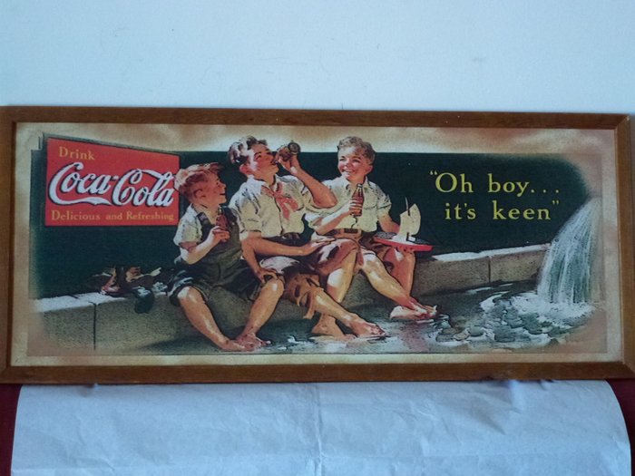 Rectangular/horizontal wooden advertising sign - with two hooks to mount it on the wall - "Oh boy... it's keen" Coca Cola - 20th century