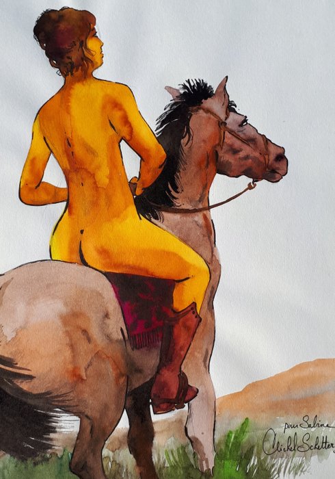 Schetter, Michel - original colour drawing - Nude woman riding horse. 
