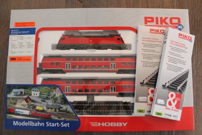 Piko H0 - 57171 - Starter Set with Electric Locomotive BR182 and 2x double-deck coach of the DB with extra Piko rails and switches.
