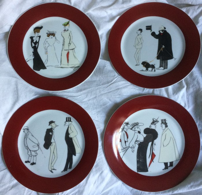 Maxim's of Paris - Set of four dessert plates, illustrated with scenes of old-age Parisian life